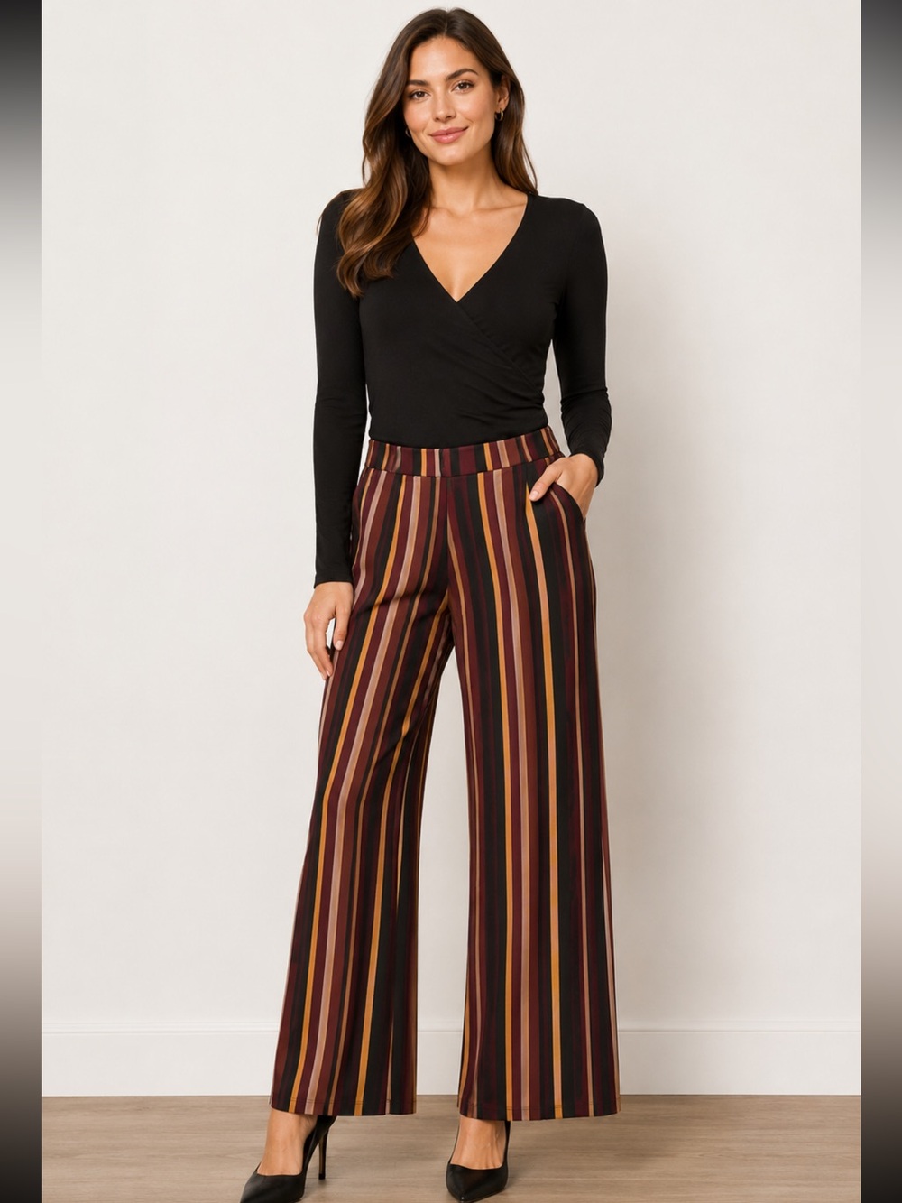 Susan Graver Vertical Stripe Wide-Leg Pants - Brown Multi